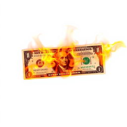 A dramatic full view of a flaming dollar bill, with vibrant orange and red flames engulfing the bill against a stark white background