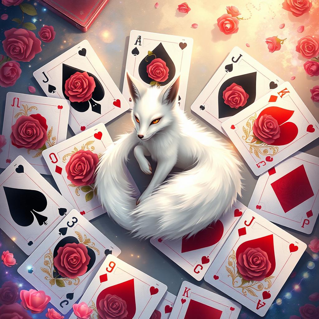 A stunning fantasy illustration featuring a deck of playing cards spread out, showing alternating black and red suits