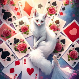 A stunning fantasy illustration featuring a deck of playing cards spread out, showing alternating black and red suits