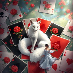 A stunning fantasy illustration featuring a deck of playing cards spread out, showing alternating black and red suits