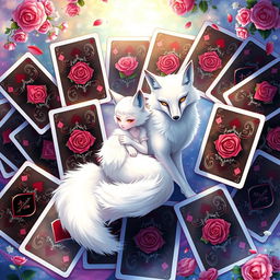 A stunning fantasy illustration featuring a deck of playing cards spread out, showing alternating black and red suits