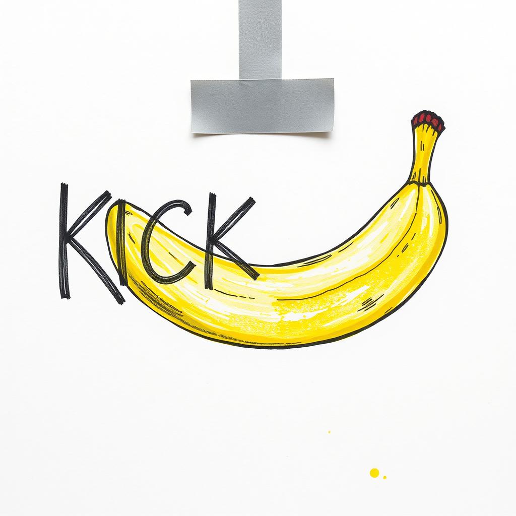 A banana affixed to a blank canvas using grey adhesive tape, illustrated in a colorful drawing style