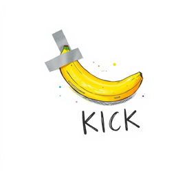 A banana affixed to a blank canvas using grey adhesive tape, illustrated in a colorful drawing style