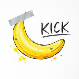 A banana affixed to a blank canvas using grey adhesive tape, illustrated in a colorful drawing style