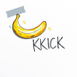 A banana affixed to a blank canvas using grey adhesive tape, illustrated in a colorful drawing style