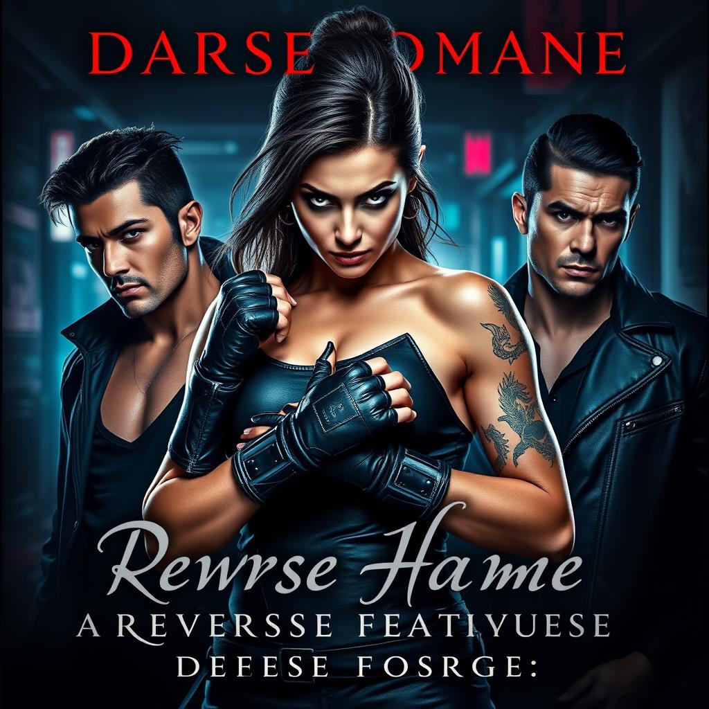 A captivating book cover for a dark romance featuring a reverse harem theme, showcasing a fierce female fighter as the central character