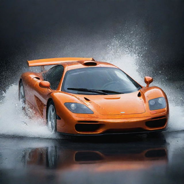 A high resolution image of a McLaren F1 with cool water splashes