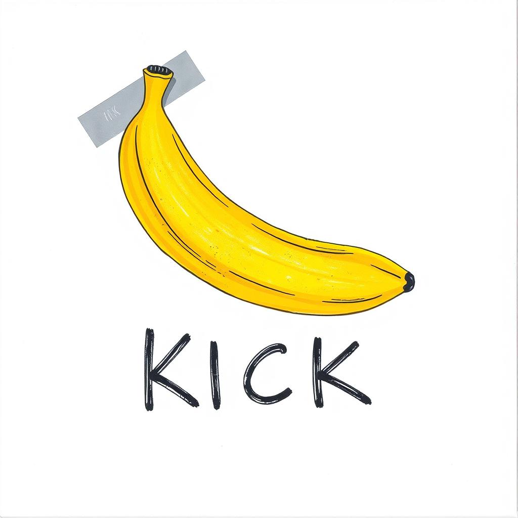 A banana affixed to a blank canvas using grey adhesive tape, illustrated in a colorful drawing style