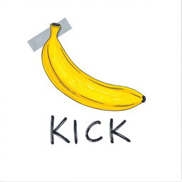 A banana affixed to a blank canvas using grey adhesive tape, illustrated in a colorful drawing style