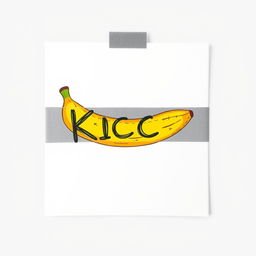 A banana affixed to a blank canvas using grey adhesive tape, illustrated in a colorful drawing style