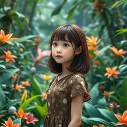 An AI-generated Korean girl with brown hair standing in a lush AI rainforest