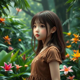 An AI-generated Korean girl with brown hair standing in a lush AI rainforest