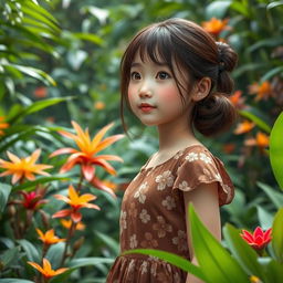 An AI-generated Korean girl with brown hair standing in a lush AI rainforest