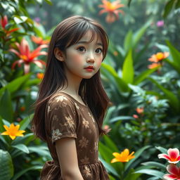 An AI-generated Korean girl with brown hair standing in a lush AI rainforest