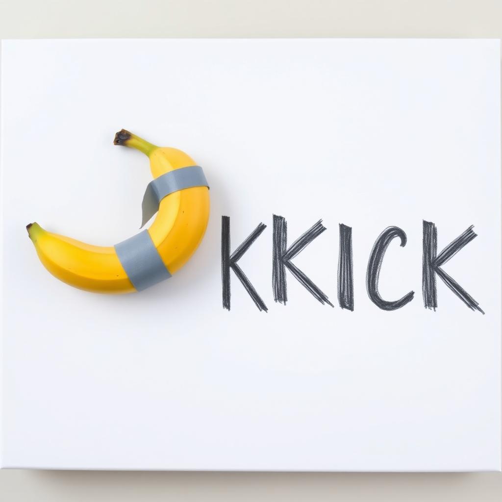 A banana securely attached to a blank canvas using grey adhesive tape