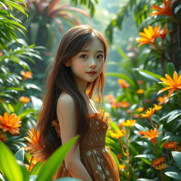 An AI-generated Korean girl, 18 years old, with long brown hair standing gracefully in a vibrant AI rainforest