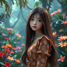 An AI-generated Korean girl, 18 years old, with long brown hair standing gracefully in a vibrant AI rainforest