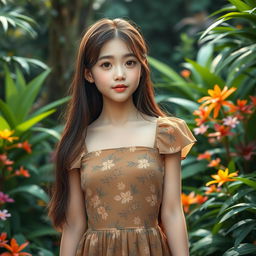 An AI-generated Korean girl, 18 years old, with long brown hair standing gracefully in a vibrant AI rainforest