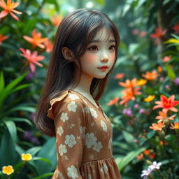 An AI-generated Korean girl, 18 years old, with long brown hair standing gracefully in a vibrant AI rainforest