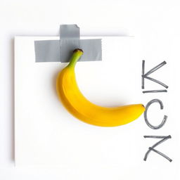 A banana attached to a blank canvas using grey adhesive tape