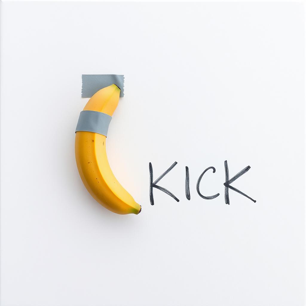 A banana attached to a blank canvas using grey adhesive tape