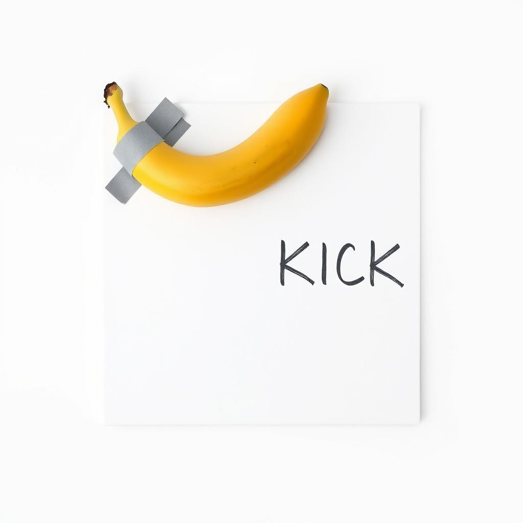 A banana attached to a blank canvas using grey adhesive tape