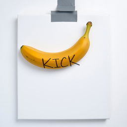 A banana attached to a blank canvas using grey adhesive tape