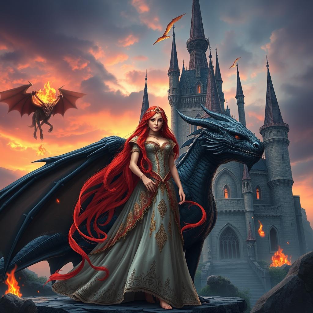 A majestic fantasy castle set against a dramatic sky, featuring a princess named Phoenix with long flowing red hair, adorned in a beautifully ornate gown