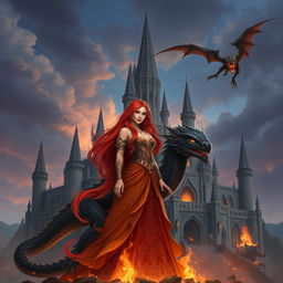 A majestic fantasy castle set against a dramatic sky, featuring a princess named Phoenix with long flowing red hair, adorned in a beautifully ornate gown