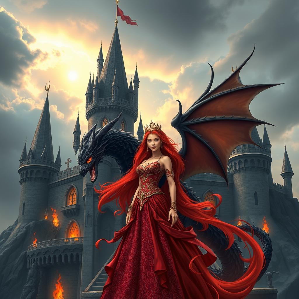 A majestic fantasy castle set against a dramatic sky, featuring a princess named Phoenix with long flowing red hair, adorned in a beautifully ornate gown