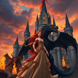 A majestic fantasy castle set against a dramatic sky, featuring a princess named Phoenix with long flowing red hair, adorned in a beautifully ornate gown