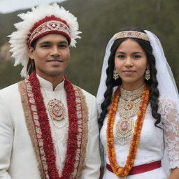 A indigenous male and female are getting married, both adorned in traditional wedding attire.