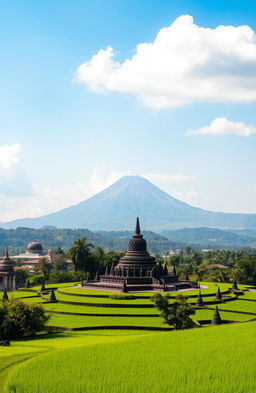 A breathtaking panoramic landscape of Jogja featuring Mount Merapi in the background, lush green rice fields in the foreground, and the majestic Borobudur Temple prominently displayed