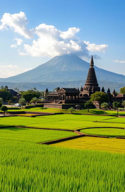 A breathtaking panoramic landscape of Jogja featuring Mount Merapi in the background, lush green rice fields in the foreground, and the majestic Borobudur Temple prominently displayed