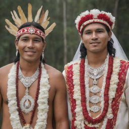 A indigenous male and female are getting married, both adorned in traditional wedding attire.