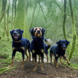 Several dogs with mean expressions, textured fur, and sharp eyes standing alert in the midst of a dense forest.