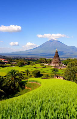 A breathtaking panoramic landscape of Jogja featuring Mount Merapi in the background, lush green rice fields in the foreground, and the majestic Borobudur Temple prominently displayed