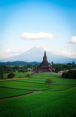 A breathtaking panoramic landscape of Jogja featuring Mount Merapi in the background, lush green rice fields in the foreground, and the majestic Borobudur Temple prominently displayed