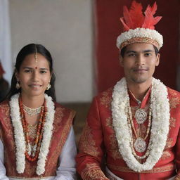 A indigenous male and female are getting married, both adorned in traditional wedding attire.