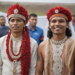 A indigenous male and female are getting married, both adorned in traditional wedding attire.