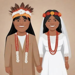 A cartoon of an indigenous male and female getting married, both dressed in traditional wedding attire.