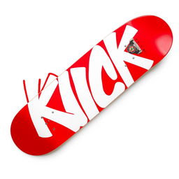 A vibrant red skateboard prominently displayed with white graffiti text that spells "KICK" on the top surface