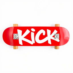 A vibrant red skateboard prominently displayed with white graffiti text that spells "KICK" on the top surface