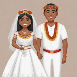 A cartoon of an indigenous male and female getting married, both dressed in traditional wedding attire.