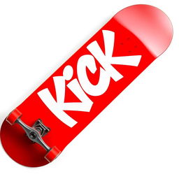 A vibrant red skateboard prominently displayed with white graffiti text that spells "KICK" on the top surface