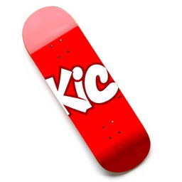 A vibrant red skateboard prominently displayed with white graffiti text that spells "KICK" on the top surface