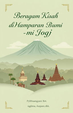 A serene and soft-colored panorama of Yogyakarta's nature featuring Mount Merapi, Borobudur Temple, and Prambanan Temple