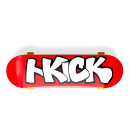 A vivid red skateboard positioned on a clean white background, prominently displaying the word "KICK" in striking white graffiti letters across its top