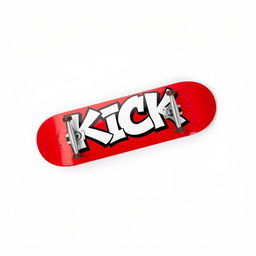 A vivid red skateboard positioned on a clean white background, prominently displaying the word "KICK" in striking white graffiti letters across its top