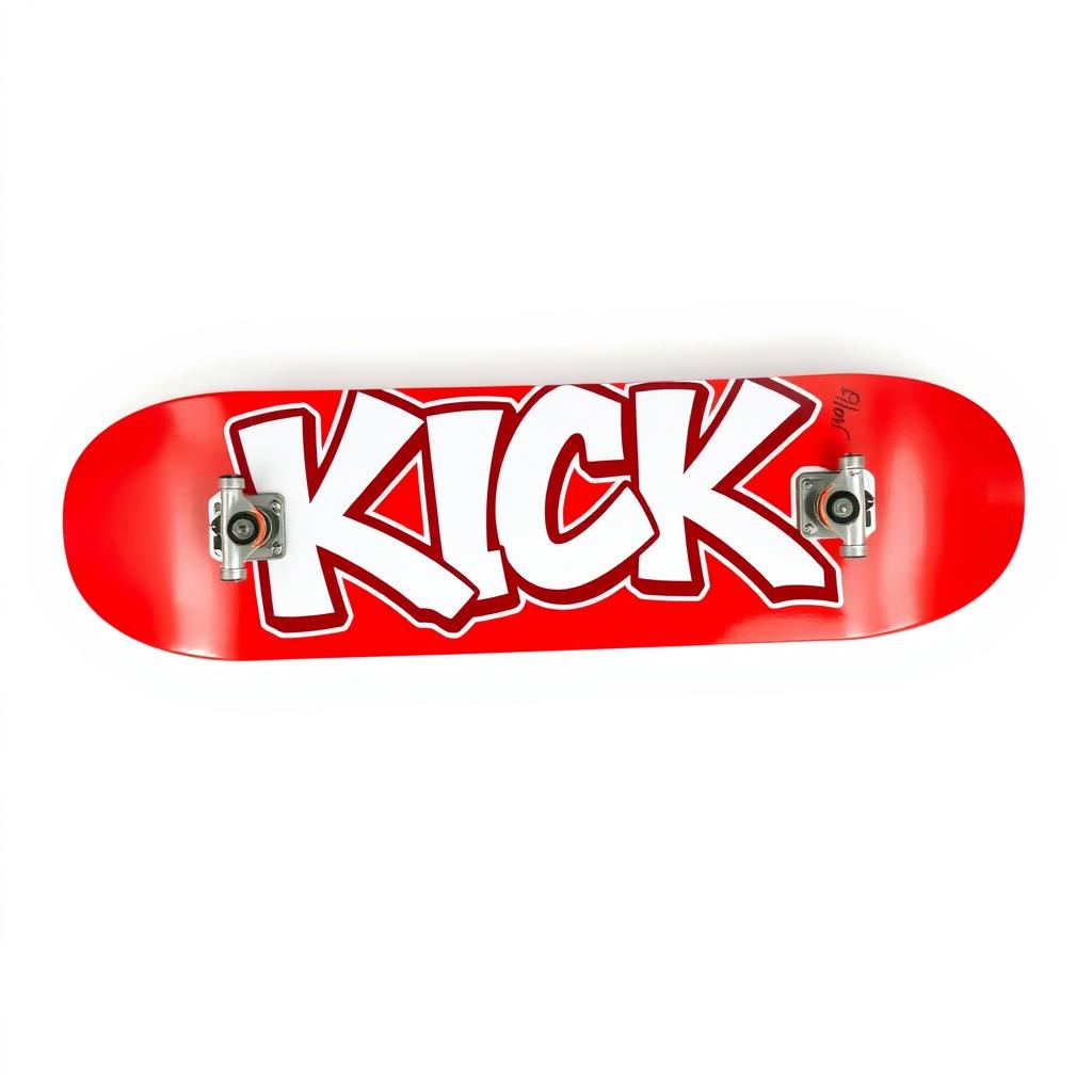 A vivid red skateboard positioned on a clean white background, prominently displaying the word "KICK" in striking white graffiti letters across its top